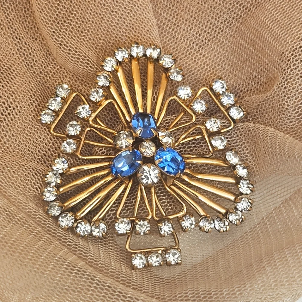 Vintage Signed 1/20 12k Gold Filled Brooch Pin With Blue Topaz & Clear Stones
